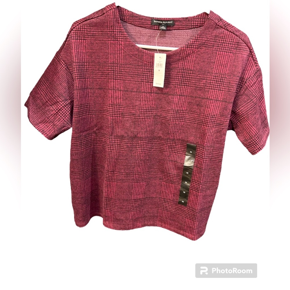 Banana Republic new Houndstooth Shirt Womens Wine Short Sleeve Stretch Knit